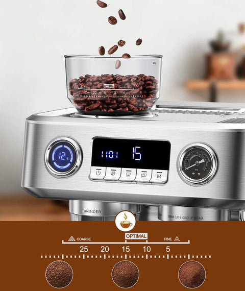 Coffee beans falling into glass bowl on Premium Dual Boiler Espresso Machine With Integrated Grinder And 20 Bar Pressure.