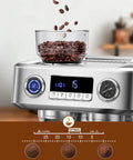 Badass 20 Bar Espresso Machine With Built In Grinder And Dual Boiler Heating System For Simultaneous Pulls And Frothing, showing coffee beans in grinder.