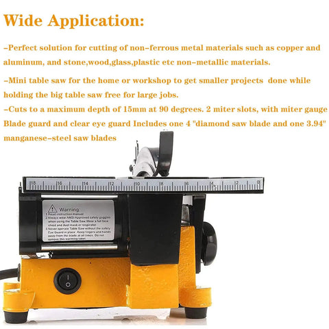 Side view of Compact 4 Inch Mini Table Saw For DIY Hobbyists Portable Cutting Tool With Three Blades Ideal For Wood Model Making Craft Projects And Small Cuts In Metal Ceramic Tile And Glass Not For Steel Or Iron Stepless Speed Control