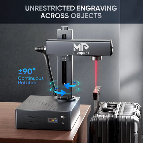 Auto Focus 60W MOPA Fiber Laser Engraver Pro Grade With 3D Deep Engraving machine on table rotating feature visible