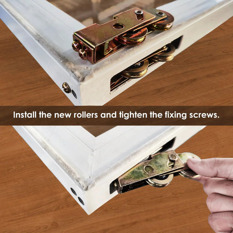 Sliding Door Roller Replacement Tandem Assembly With One And One Quarter Inch Steel Ball Bearing For Patio Doors And Glass Doors In UPVC And Vinyl being installed on a door frame.