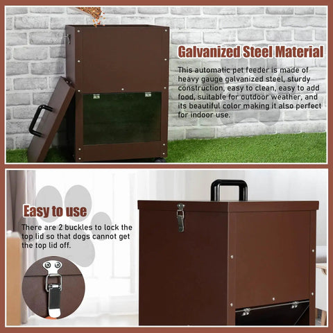 Real Deal Automatic Gravity Dog Feeder With Smooth Rolling Wheels For Large Breed Puppers, Self Refilling Bulk Kibble Dispenser with dark brown galvanized steel.