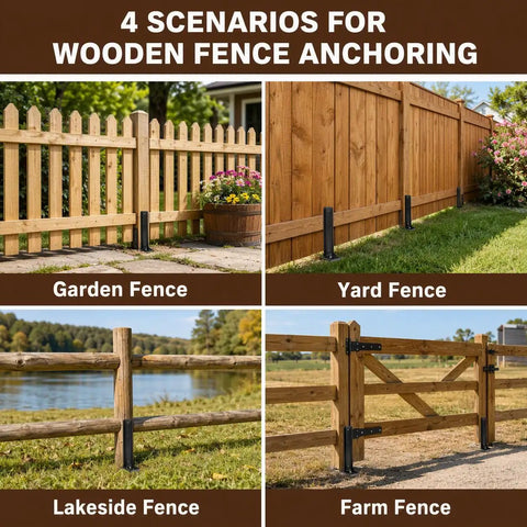 Top Shelf Fence Post Repair Kit Featuring 33 Inch 11 Gauge Thickened Steel Stakes shown in garden, yard, lakeside, farm fence scenarios.