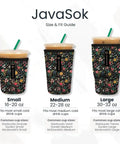 Premium Neoprene Iced Coffee Sleeve keeps your daily grind crisp and chill, showing small, medium, and large sizes for cold drinks.
