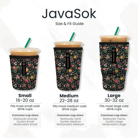 Premium Neoprene Iced Coffee Sleeve keeps your daily grind crisp and chill, showing small, medium, and large sizes for cold drinks.