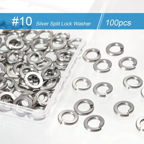 Set Of 100 No 10 Split Lock Washers For Rugged Jobs, 304 Stainless Steel With Silver Finish, Heavy Duty Spring Lock Washers