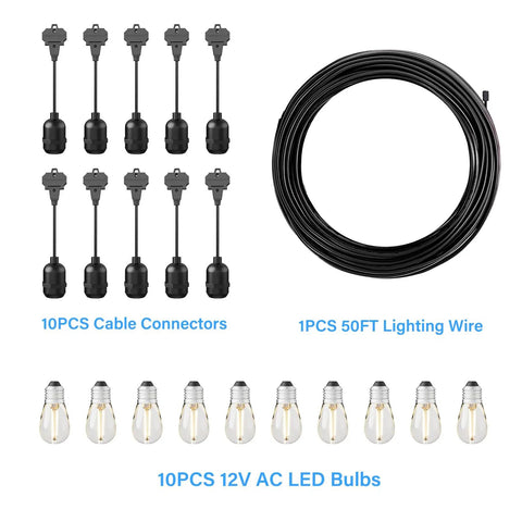 Warm White 50ft Low Voltage String Lights With 10 2W Bulbs, cable connectors, and lighting wire for outdoor decor