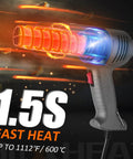 Beast 1600W Heat Gun With Dual Temperature Control, showcasing fast 1.5s heat-up, with glowing heating element.