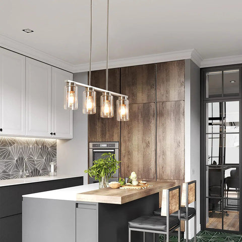 Modern Farmhouse Dining Room Chandelier With 4 Lights For Kitchen Island, Nickel Finish, in contemporary kitchen over island.