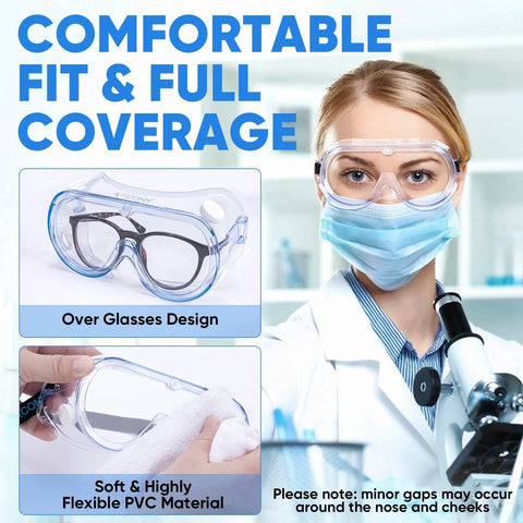 Scientist wearing Anti-Fog Safety Goggles For Lab And Industrial Use HD Clear Eye Protection ANSI Z87.1 Approved. Over glasses design shown.