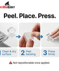 Installation steps for Clear Tall Square Self Adhesive Rubber Feet Pads 0.78 Inch Wide By 0.38 Inch High with text instructions.