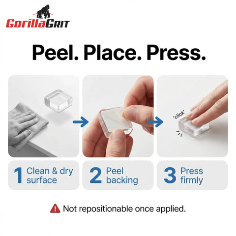 Installation steps for Clear Tall Square Self Adhesive Rubber Feet Pads 0.78 Inch Wide By 0.38 Inch High with text instructions.