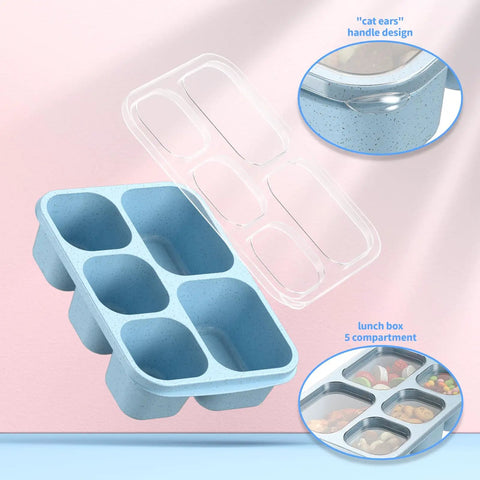 Four Pack 5 Compartment Wheat Straw Lunch Box Set For Adults And Kids Reusable BPA Free Blue Meal Prep Container Lid Off