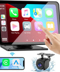 Wireless 7 Inch HD CarPlay Screen Slick Portable Touchscreen Stereo For Cars With Apple CarPlay Android Auto Bluetooth Handsfree Calling WiFi GPS Navigation And Siri Google Assistant Voice Control display with icons and camera