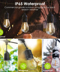 Image of 48 Ft Outdoor String Lights With 15 Warm White LED Bulbs showing waterproof, windproof, sunproof, and snowproof features.