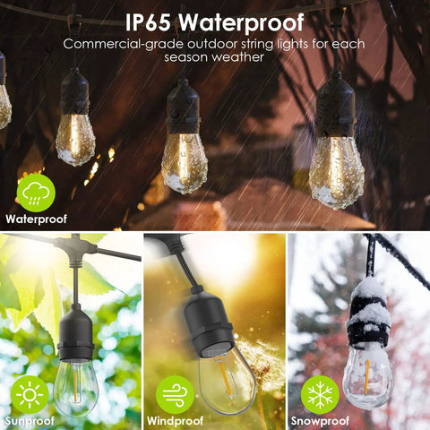 Image of 48 Ft Outdoor String Lights With 15 Warm White LED Bulbs showing waterproof, windproof, sunproof, and snowproof features.