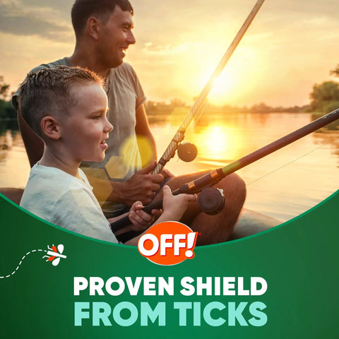 Father and son fishing at sunset, promoting Deep Woods Mosquito And Insect Repellent Wipes With 25 Percent DEET For Up To Eight Hours of Protection. "OFF! Proven Shield from Ticks" slogan visible.