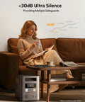 Feature Filled Portable Power Station With 3072Wh Capacity And Bonus Expansion Pack Clutch on a living room table, woman reading.