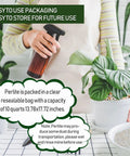 Person holding spray bottle near potted plant with information on 10Qt Bulk Horticultural Perlite For Plants 3 To 6mm Organic Soil Conditioner.