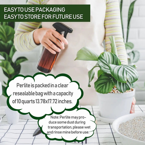 Person holding spray bottle near potted plant with information on 10Qt Bulk Horticultural Perlite For Plants 3 To 6mm Organic Soil Conditioner.