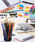 Comparison of messy desk with scattered supplies and tidy desk featuring Black Mesh Pencil Holder Metal Pen Cup Desk Organizer Set Of 6 For Office, School, And Home, Slick Space Saving Caddy With Smooth Edges For Pens, Pencils, Erasers, Rulers, And Other Supplies.