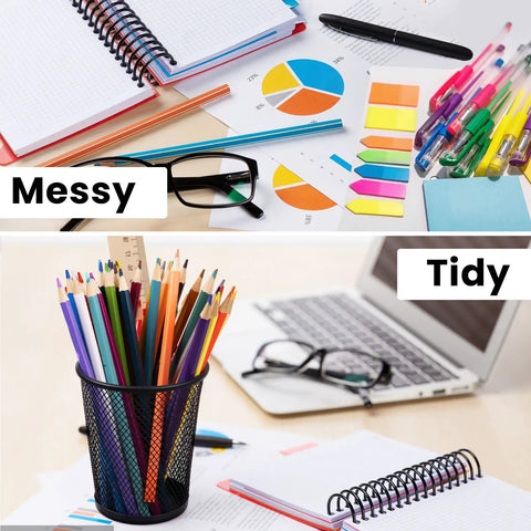 Comparison of messy desk with scattered supplies and tidy desk featuring Black Mesh Pencil Holder Metal Pen Cup Desk Organizer Set Of 6 For Office, School, And Home, Slick Space Saving Caddy With Smooth Edges For Pens, Pencils, Erasers, Rulers, And Other Supplies.