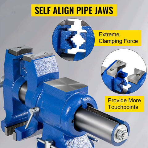 Beefy 6 Inch Bench Vise With 360 Degree Swivel Head And 30Kn Clamping, Heavy Duty Pipe Vise, showing self-align pipe jaws, ductile iron.