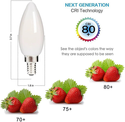 Dimmable LED Filament Candelabra Bulb With E12 Base For Your Chandelier, Frosted Glass, 2700K Warm White, CRI Technology Display