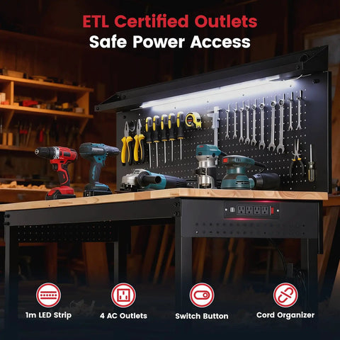 Flat Out Heavy Duty 60 Inch Workbench And Adjustable Height Stand 3000 Lbs Capacity Steel Frame with LED light and pegboard tools.