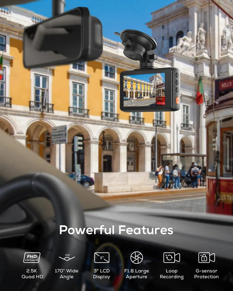 2.5K Dash Cam With 3 Inch IPS Display mounted on windshield, showcasing Crystal Clear 1440P QHD Video of city street.