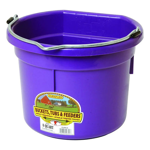 Purple 2 Gallon Heavy Duty Workhorse Plastic Bucket showing label and handle for Farm Home Laundry and Water with Flat Back Design