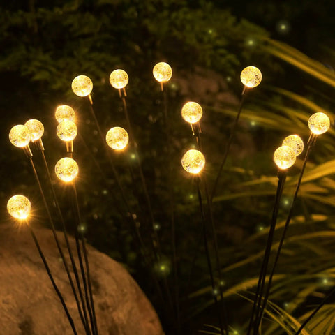 Solar Firefly Lights Outdoor Waterproof with Crystal Ball Swaying Design in garden at night, warm white glow, 2-pack