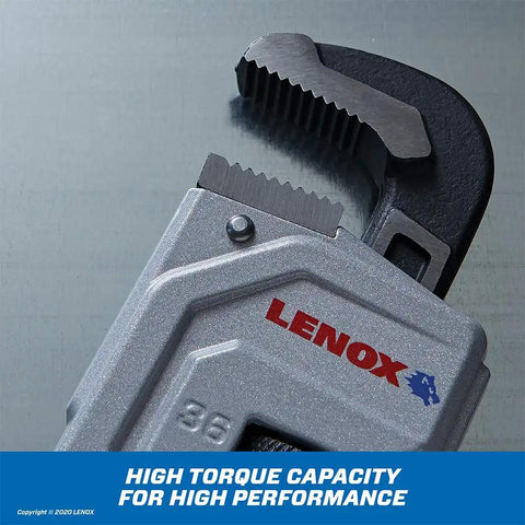 Close-up of 36 Inch Aluminum Pipe Wrench With Forged Wide Jaws And Lightweight I Beam Design For Beefy Torque on surface