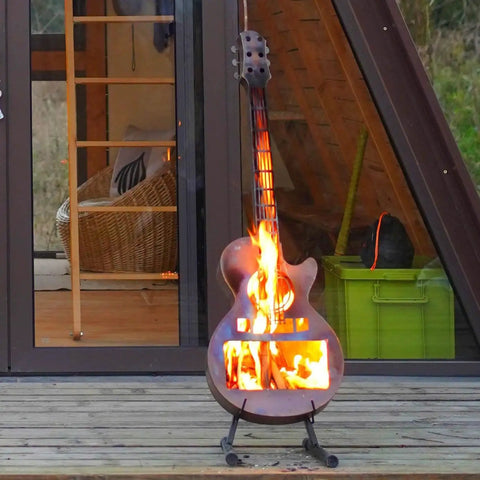 Portable Outdoor Guitar Style Fire Pit Brazier No Assembly Required Smokeless Wood Burning One Piece Stainless Steel Firepit with flames