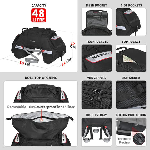 Universal 48L Waterproof Motorcycle Tail Bag With Roll Top Closure For All Bikes No Saddle Stay Or Rack Needed, detailed features