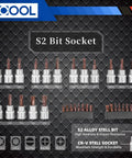 S2 Bit Socket set showcasing various sizes with S2 alloy and CR-V steel, part of the Workhorse 121 Piece Drive Socket Set.