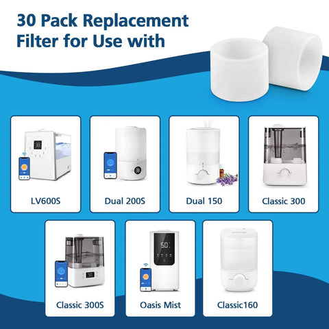 30 Pack Top Fill Humidifier Replacement Filters That Fit Classic 160 150 200S 300 300S LV600S OasisMist 450S Superior 6000S