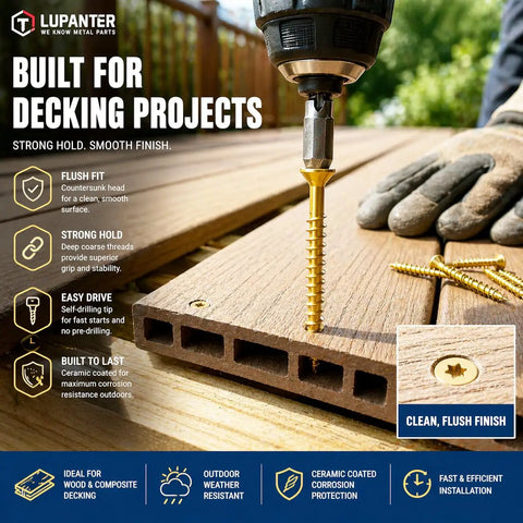 Multi Size Deck Screws Assortment Kit 490 Piece Set being used for decking in outdoor wood projects with drill and glove