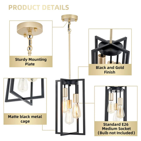 Dope Industrial Farmhouse 3 Light Pendant Fixture In Black And Gold, geometric cage design with E26 sockets and adjustable rods.