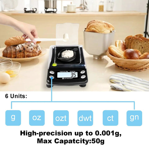 Ultra Precision Micro Scale 0.001g To 50g Pocket Scale With USB Or Battery Power, Tare, Cal Weight, 6 Units displayed in kitchen