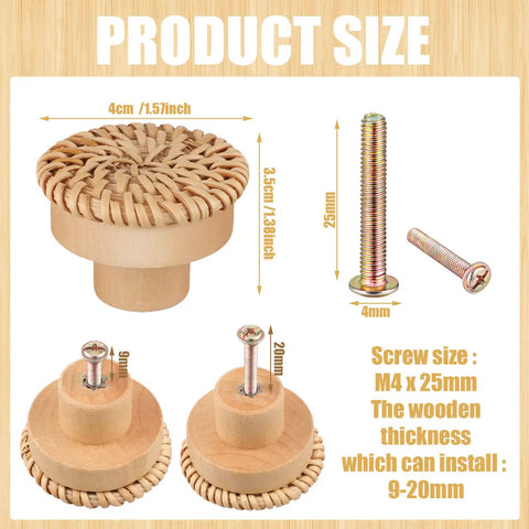 Boho Rattan Dresser Knobs Set With Six Handmade Round Wood Pulls And Six Screws Woven Wicker Cabinet Hardware Size Chart