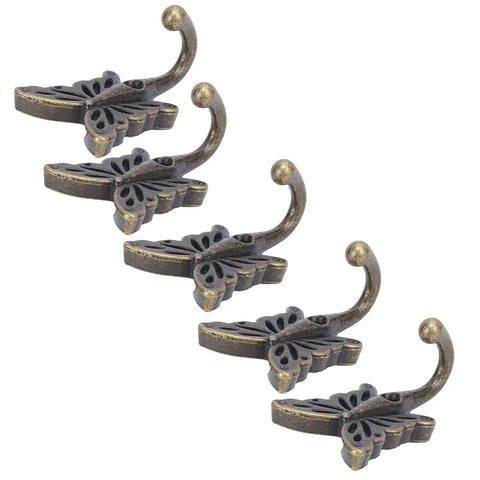 5 Piece Heavy Duty Vintage Wall Coat Hooks With Pre Drilled Holes And Mounting Screws, antique zinc butterfly design for entryway.