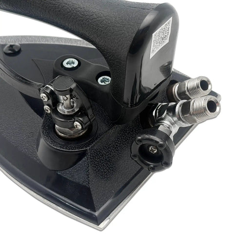 Close-up of Heavy Duty Commercial Steam Iron Featuring Badass High Pressure Performance attachments and handle for garment pressing.