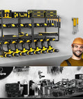 32 Inch Wide Heavy Duty Metal Power Tool Organizer Wall Mount With Four Tier Racks And Drill Hanger Eight Drill Holders Garage Workshop Storage Solution For Tools Toolboxes And Large Gear installed with tools.