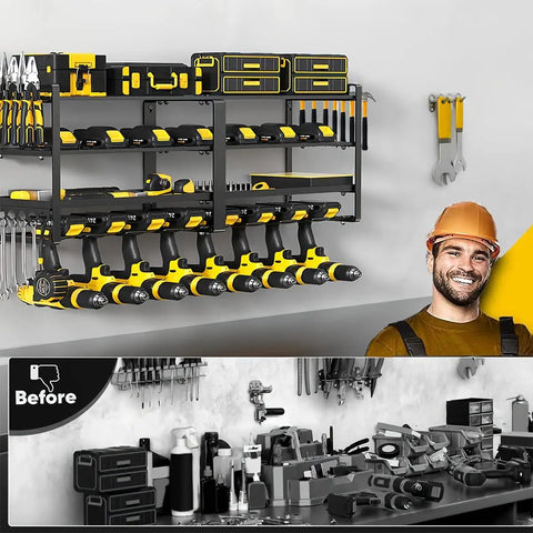32 Inch Wide Heavy Duty Metal Power Tool Organizer Wall Mount With Four Tier Racks And Drill Hanger Eight Drill Holders Garage Workshop Storage Solution For Tools Toolboxes And Large Gear installed with tools.
