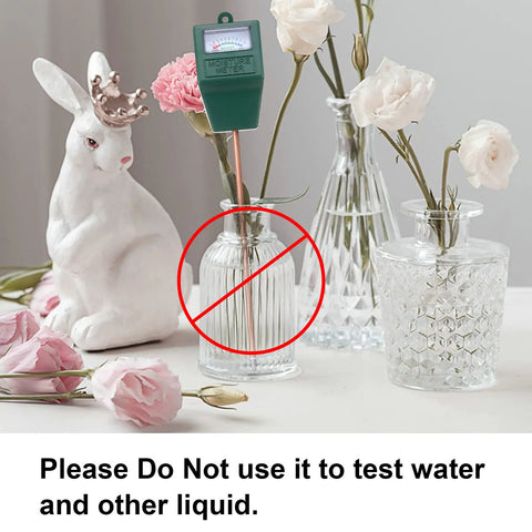 Two Pack Soil Moisture Meters For Houseplants And Outdoor Gardens, one green meter shown next to flower vases, marked for soil use only.