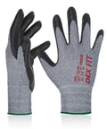 Ultra Thin Nitrile Work Gloves FN330 With 3D Comfort Fit, grey medium gloves, front and back view showing grip and texture.