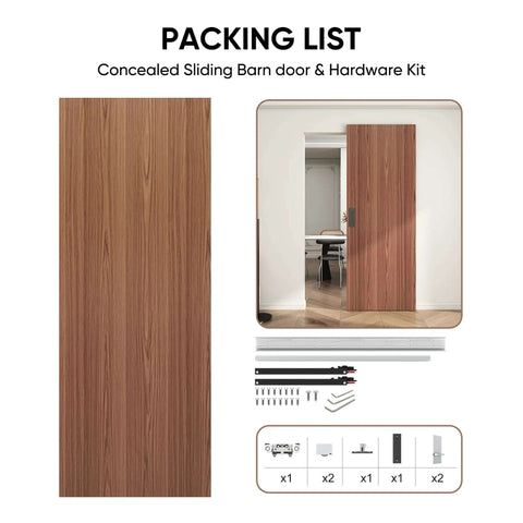 Concealed Sliding Barn Door Kit With Soft Close Hardware, 40x86 Inches, Brown Hidden Door, waterproof design, installation components