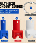 12 Piece Conduit Wire Pulling Grips Set With Open Ring Holders For 1 2 Inch 3 4 Inch And 1 Inch Electrical Cables, three grip sizes in blue, red, and white.