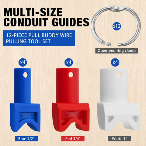 12 Piece Conduit Wire Pulling Grips Set With Open Ring Holders For 1 2 Inch 3 4 Inch And 1 Inch Electrical Cables, three grip sizes in blue, red, and white.